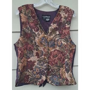 Vintage 90s Women's Floral Tapestry Dressy Vest Purple Satin back Fits size M